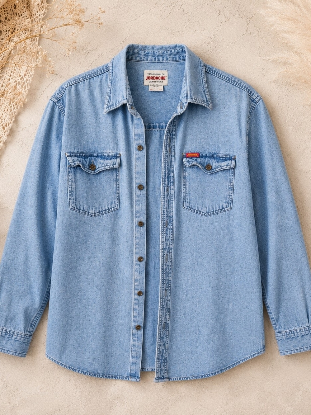 Vintage Jordache Denim Shirt Large 100% Cotton Light Wash Button Front Western